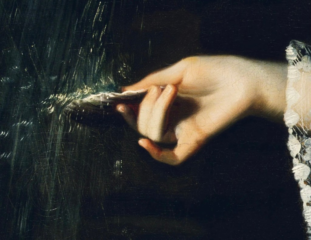 A close up of a section of a painting featuring a white feminine hand holding a shell. Salt or water runs over the shell. The hand is graceful and delicate against a black ground, and is framed by an elaborate lace cuff. 
